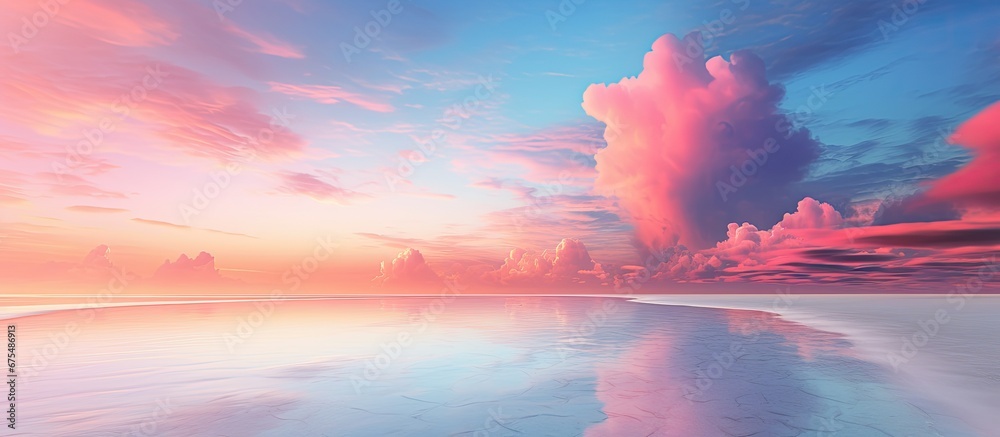 The white sandy beach and colorful sky provided a stunning backdrop to the summer travel experience with nature s vibrant red and pink hues forming a beautiful pattern across the landscape w - obrazy, fototapety, plakaty 