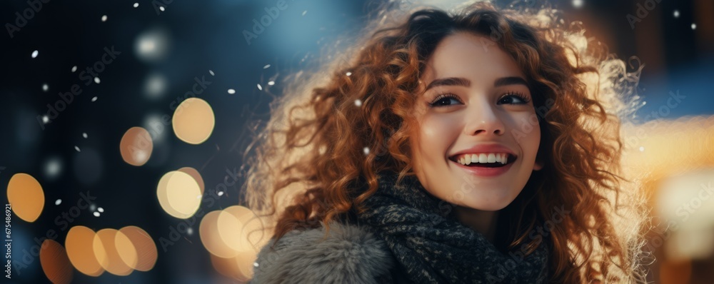 Beautiful winter woman blowing snow outdoor at sunny day