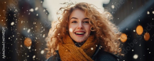 Beautiful winter woman blowing snow outdoor at sunny day