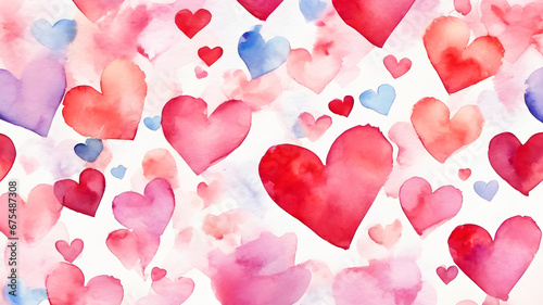 Watercolor hearts. Valentine's Day background. Hand drawn illustration.