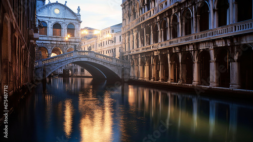 Venetian landscape. Canals, bridges and palaces with beautiful reflection in water, early morning hours. 