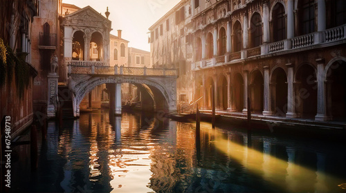 Venetian landscape. Canals, bridges  and palaces with beautiful reflection in water, early morning hours.  