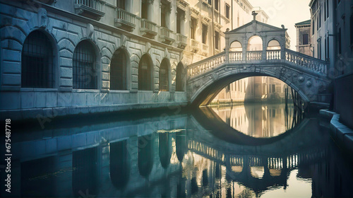Venetian landscape. Canals, bridges  and palaces with beautiful reflection in water, early morning hours.  