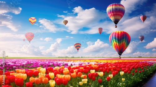 Dutch Floral Extravaganza: A stunning field of colorful tulips in Holland, with balloons in the background, creating a fantastic and vibrant spring event