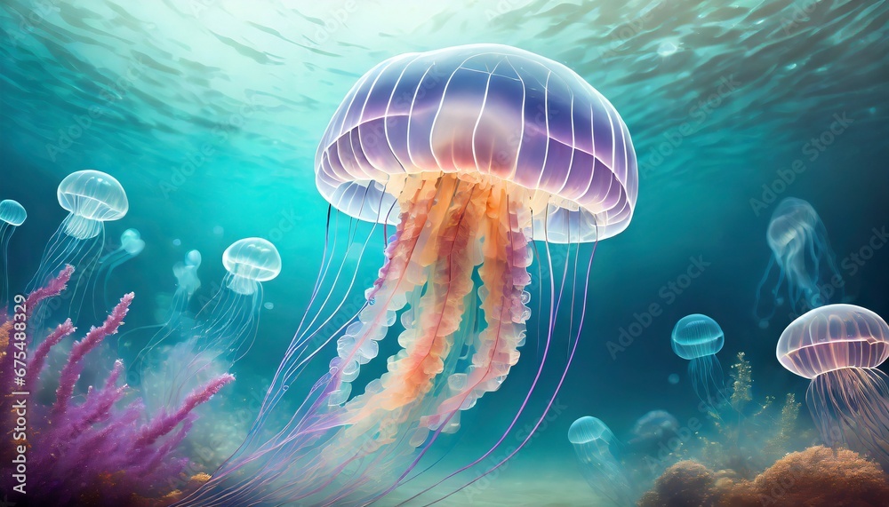 Big Colorful jellyfish in a blue underwater background