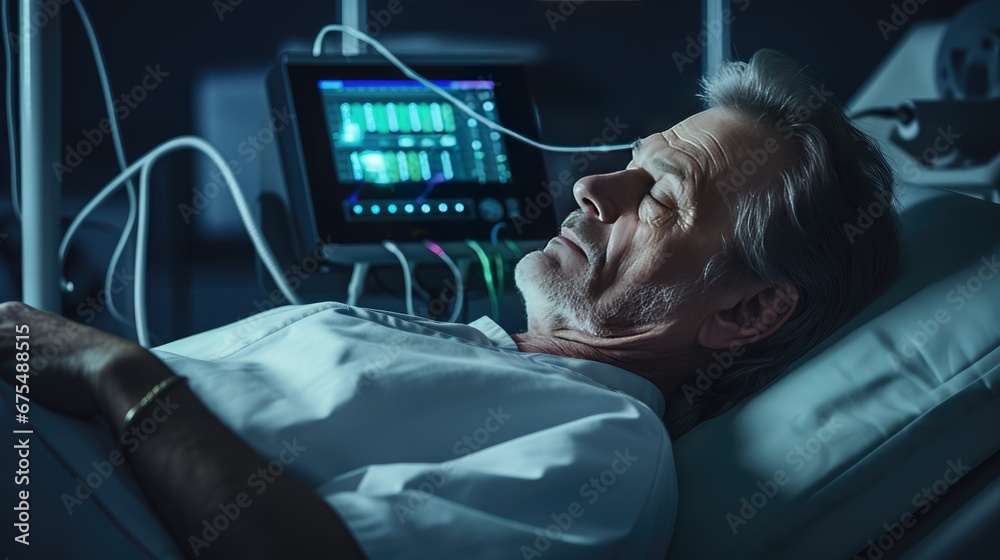 "Medical Checkup: A man lying on a clinic bed, undergoing an electrocardiogram test, showcasing advanced medical technology and healthcare professionals at work. - obrazy, fototapety, plakaty 