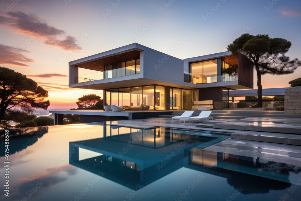 Minimalist cubic house exterior with swimming pool, modern country house, seaside holiday in modern villa, sunset view