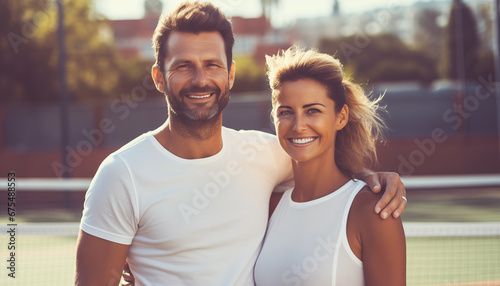 Happy beautiful married couple wearing white sports clothes standing on the tennis court of resort. Active and sports lifestyle while vacation. photo