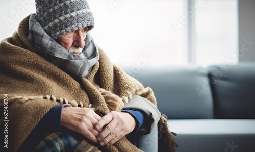 It's cold in the house in winter. A senior Person freezing, fever or trouble with heating. Sad person in wool plaid and scarf and wearing warm hat sitting on sofa at home in wintertime photo