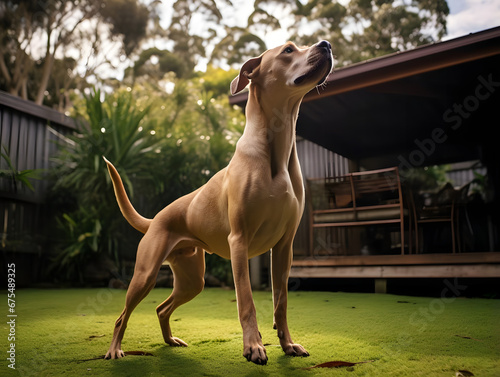 Feist Dog in Playful Stance in Backyard, Generative AI