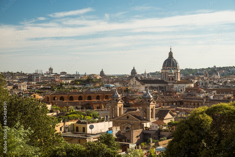 Panorama of Rome with the dome of the basilica of San Carlo al Corso and the church of Sant'Atanasio dei Greci, as seen from Terrazza Viale del Belvedere