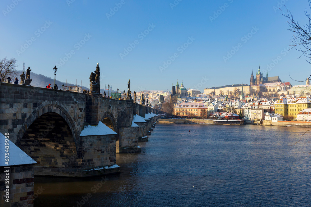 architecture, Czech, gothic, history, medieval, Snowy Prague Lesser Town with Prague Castle and Charles Bridge above River Vltava in the sunny Day , Czech republic