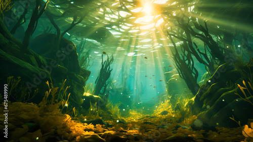 Oceanic kelp forest, Underwater serenity, Sunlit seaweed with shimmering schools, photo
