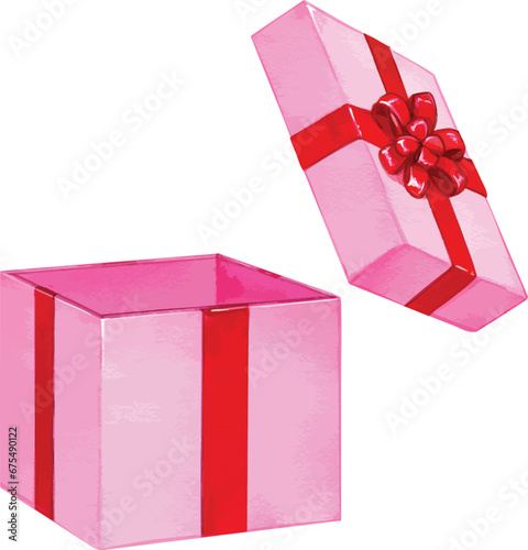 Watercolor open gift box vector with red ribbon and bow. pink wrapped present illustration