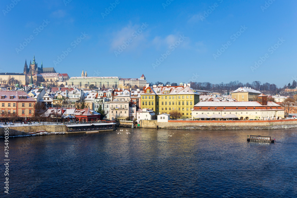 architecture, Czech, gothic, history, medieval, Snowy Prague Lesser Town with Prague Castle and Charles Bridge above River Vltava in the sunny Day , Czech republic