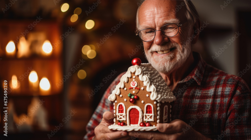 An elderly man with a white beard and glasses is smiling joyfully while holding a gingerbread house, with Christmas lights creating a bokeh effect in the background.