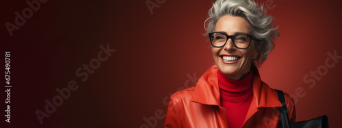 stylish gray-haired woman about 50 wearing glasses and a red leather jacket on a colored background.banner or poster with copy space. 
