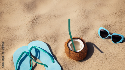 Um par de chinelos com um coco e óculos de sol, na areia da praia. Conceito de férias. photo