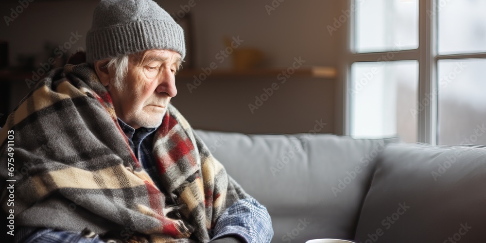It's cold in the house in winter. A senior Person freezing, fever or trouble with heating. Sad person in wool plaid and scarf and wearing warm hat sitting on sofa at home in wintertime