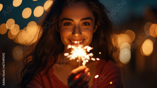 A joyful woman holding a lit sparkler, her smile illuminated by its glow, with a backdrop of bokeh city lights in the evening.