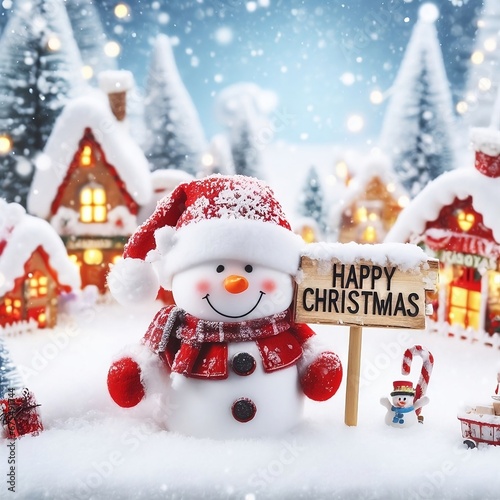 Happy Christmas with snowmen santa in a Christmas Village Snow with snowflakes Scene with space for copy created with generative ai