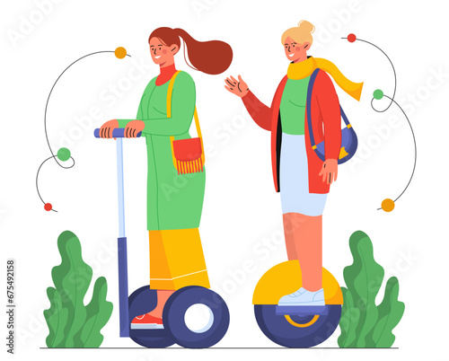 Women at scooter hoverboard vector concept