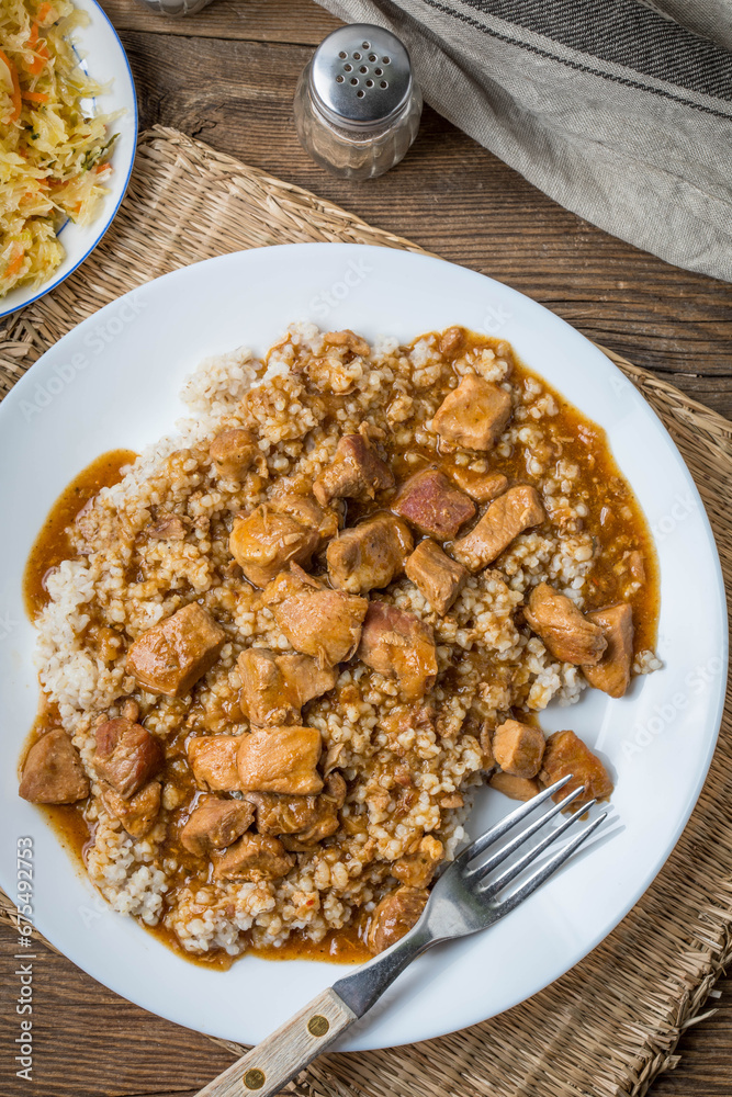 Barley groats with stewed meat. Barley groats with stewed meat.