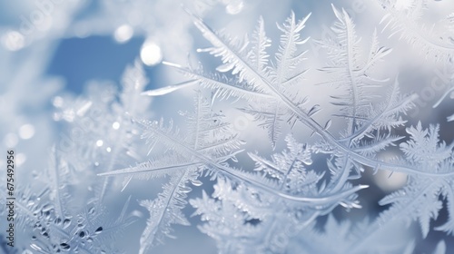 Snowflakes Close-up frost patterns beautiful background. Hello Winter  Merry Christmas  Happy New Year concept. Hoarfrost Ice crystals wallpaper. Frosty transparent snowflake texture..