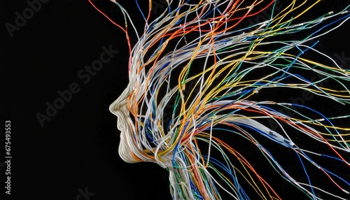 Profile form of a face from fibre cables on a dark black background