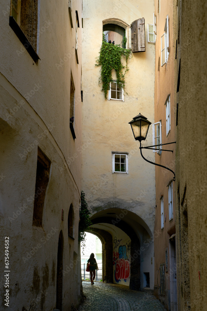 Narrow Alley in Historic Salzburg Austria. A narrow, curving alley in the old town of Salzburg, Austria.

