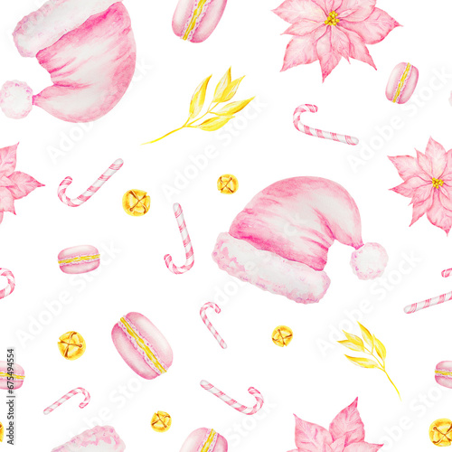 Pink poinsettia, Santa Claus hat, New Year's candy canes, macarons and gold bells. Watercolor hand drawn seamless pattern with Christmas sweets. Winter symbols for holiday season prints, packing © FlorainloveArt
