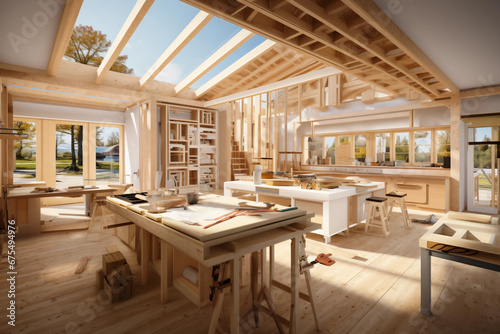 indoor woodwork, framework of a modern house. the interior of the frame house in a construction process