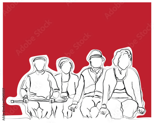 Elderly people seated together poster art. Old people in group. Pensioners and seniors. hand drawn line art vector of old ladies seated together. Female friendship. elderly women.