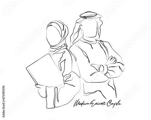 hand drawn line art vector of a modern executive couple in uae. emirati couple.
