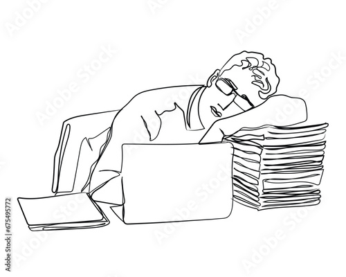 line art vector of two young men busy working in office. Overworked colleagues. Hardworking individuals concept at. Hand drawn vector.