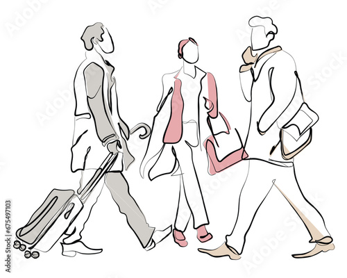 hand drawn line art vector of people on business trip. Official tour. Travel for business. Continuous line art contour.