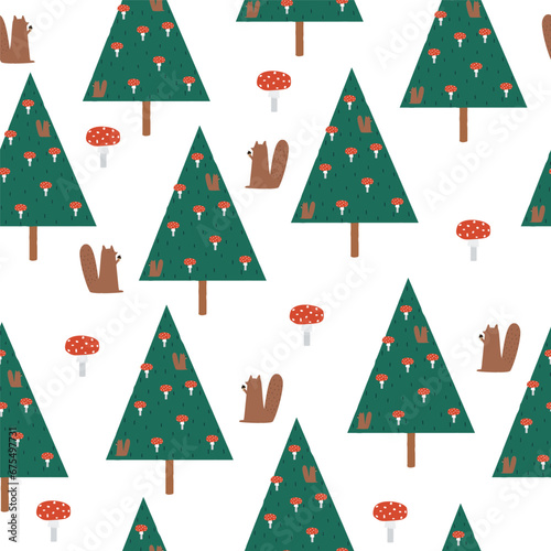 Funny seamless pattern with forest trees, mushrooms and squirrels. Kids print. Vector hand drawn illustration.