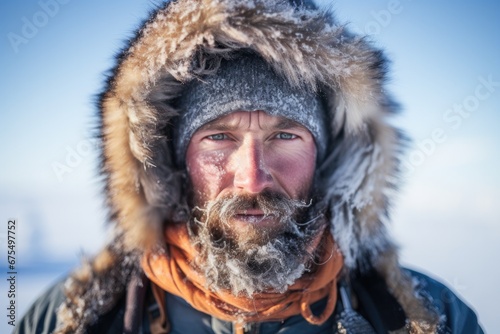 Happy and adventurous man with a beard enjoys the winter landscape during an outdoor expedition, radiating joy in the cold and snowy forest.