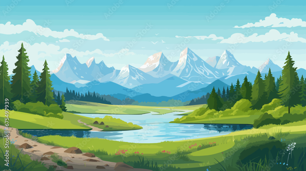 Summer landscape with mountains, river and forest. Vector illustration. Beautiful landscape for print, flyer, background. Travel concept.