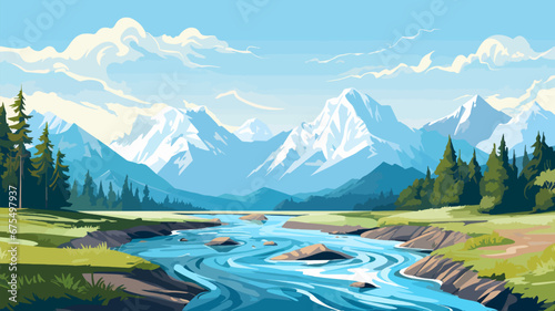 Summer landscape with mountains, river and forest. Vector illustration. Beautiful landscape for print, flyer, background. Travel concept.