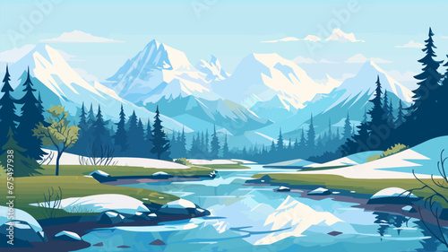 Summer landscape with mountains, river and forest. Vector illustration. Beautiful landscape for print, flyer, background. Travel concept. © xxstudio