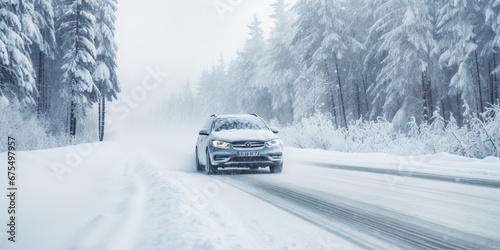 A car speeding down a snowy road, surrounded by a breathtaking winter landscape of snow-covered mountains and a dense forest. Emphasize the sense of motion and adventure © Eli Berr