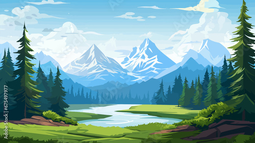 Summer landscape with mountains, river and forest. Vector illustration. Beautiful landscape for print, flyer, background. Travel concept.