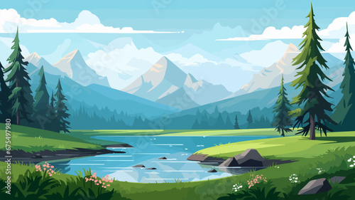 Summer landscape with mountains, river and forest. Vector illustration. Beautiful landscape for print, flyer, background. Travel concept.