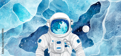 illustrazione di astronauta che fluttua nello spazio, pianeta riflesso nella visiera del  casco photo