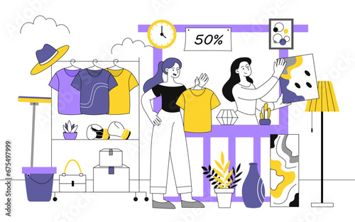 Selling clothes flea market vector line concept