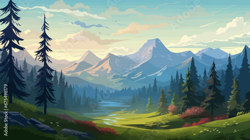 Summer landscape with mountains, river and forest. Vector illustration. Beautiful landscape for print, flyer, background. Travel concept.