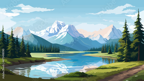 Summer landscape with mountains, river and forest. Vector illustration. Beautiful landscape for print, flyer, background. Travel concept. © xxstudio