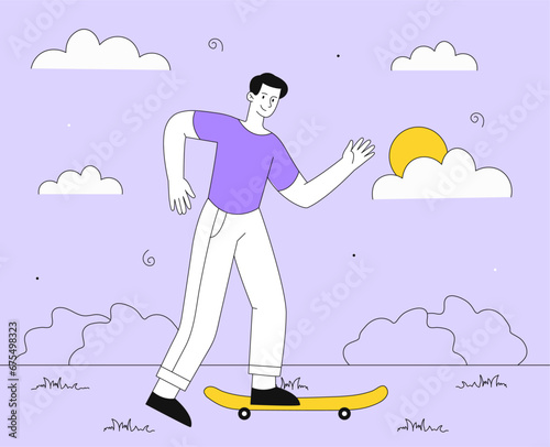 Man at skateboard vector line concept