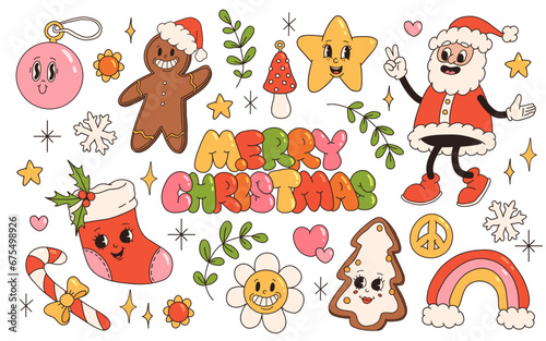 Groovy hippie Christmas stickers. Santa claus, sock, peace, holly jolly vibes, flower, winter, rainbow, gingerbread in trendy retro cartoon style. Character groovy 50s, 60s, 70s